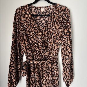 Kaileigh Leopard Print Wrap Dress Long Sleeve Brown Animal Print Size L